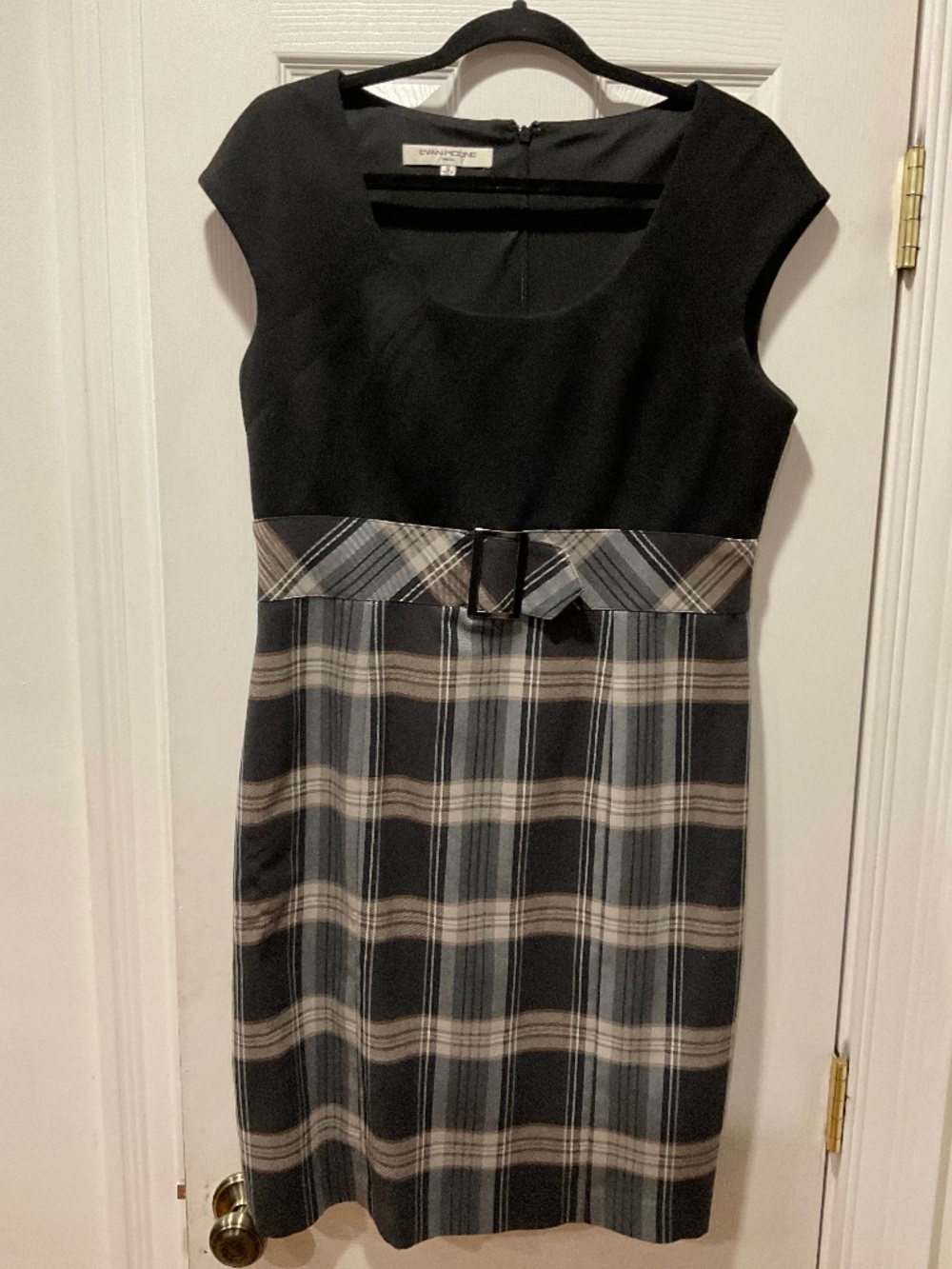 Evan Picone Plaid Belted Sheath Dress Black Brown Gray Size 12 Career